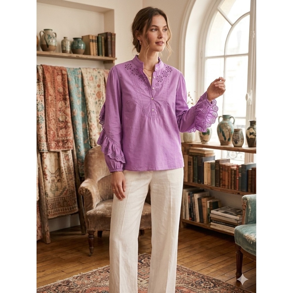 J.Crew Orchid Purple Eyelet Ruffle Sleeve Cotton Dobby Blouse Top M
